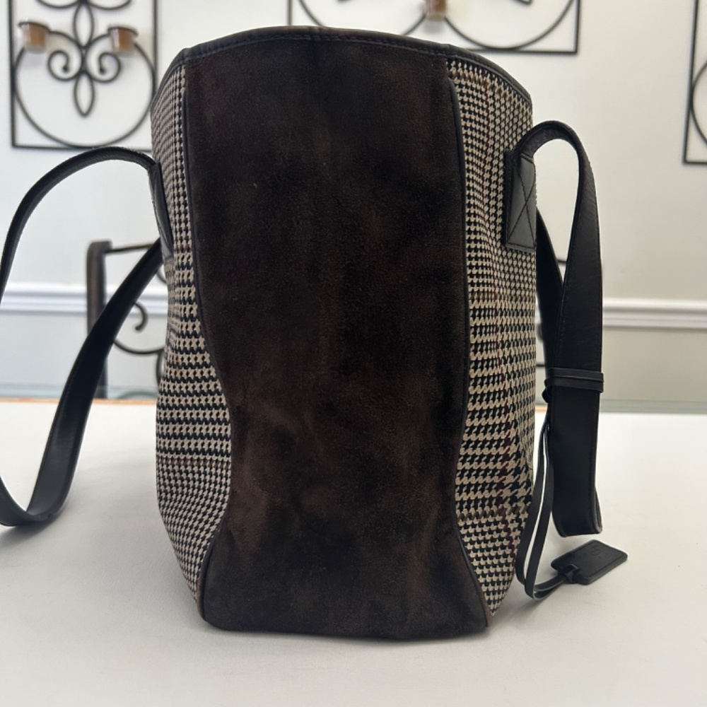 Ralph Lauren Vintage Houndstooth Plaid Tote Brown Suede and Leather - Picture 4 of 14